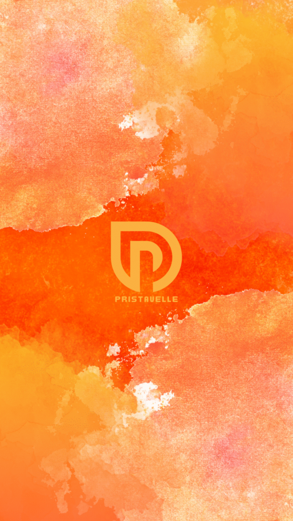 Warm orange and coral watercolor texture background with the centered Inspiring People Stories DP logo and PRISTAVELLE wordmark in soft gold